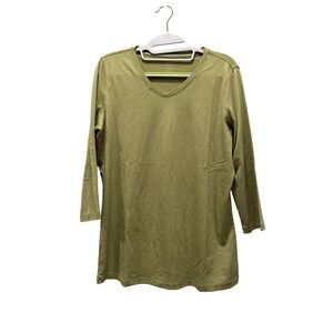 WOOLX Elena Green Merino Blend 3/4 Sleeve V-Neck Top Shirt Medium natural fibers